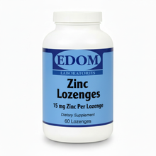 A white plastic bottle of EDOM Laboratories Zinc Lozenges, 15 mg Zinc Per Lozenge, 60 count, on a clean white background.