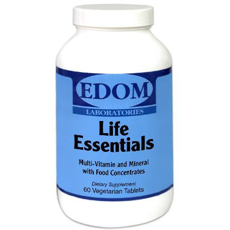 EDOM LABS Life Essentials Multi shown in a clean, clinical white bottle design, formulated as a comprehensive whole food–based multivitamin containing essential vitamins, minerals, herbs, and plant‑based bioactive compounds to support daily energy, immune health, and overall wellness.