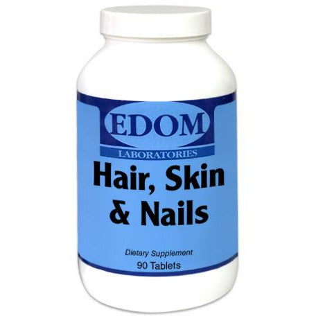 EDOM LABS Hair, Skin & Nails Formula shown in a clean, clinical white bottle design, formulated with biotin, essential vitamins, minerals, and antioxidants to support healthy hair growth, radiant skin, and strong nails.