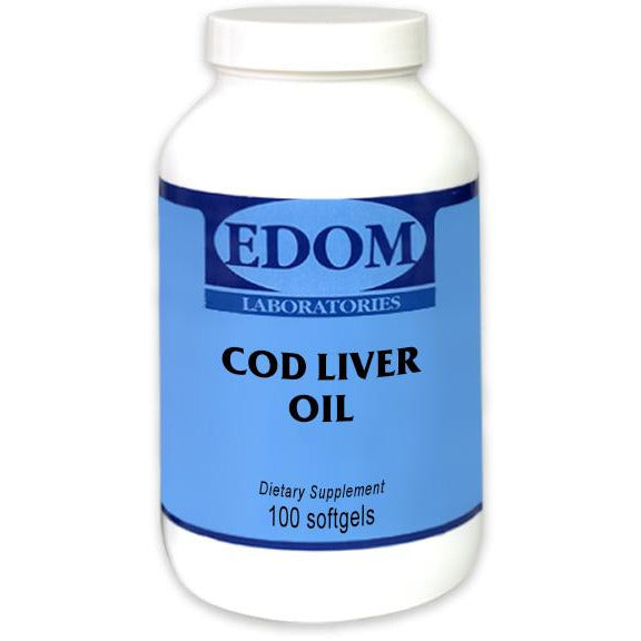 EDOM LABS Cod Liver Oil bottle with clean clinical label, featuring natural Omega‑3s with vitamins A and D to support heart, immune, and joint health.