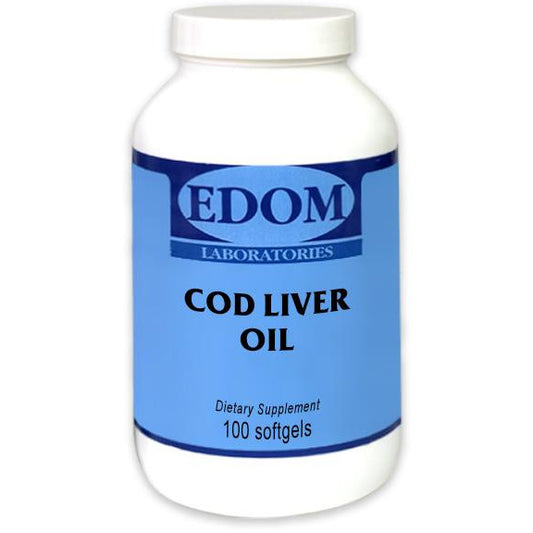 EDOM LABS Cod Liver Oil bottle with clean clinical label, featuring natural Omega‑3s with vitamins A and D to support heart, immune, and joint health.