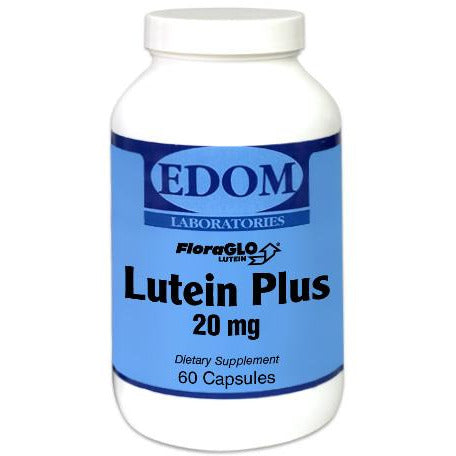 Lutein Plus by EDOM LABS shown in a clean, clinical bottle design, featuring patented Lutemax® lutein extracted from marigolds with added bilberry for synergistic macular health, visual clarity, and antioxidant protection.†