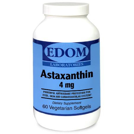 EDOM LABS Astaxanthin 4 mg bottle with clean clinical label, featuring a powerful antioxidant to support skin health, eye function, immune defense, and cellular protection.