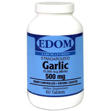 EDOM LABS Garlic 500 mg Tablets shown in a clean, clinical white bottle design, standardized to yield 5,000 mcg of allicin to support cardiovascular health, immune function, and antioxidant protection.