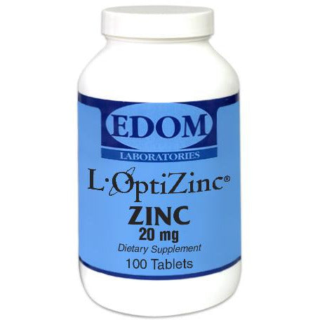 EDOM LABS L‑OptiZinc® 20 mg shown in a clean, clinical white bottle design, providing highly bioavailable zinc monomethionine to support immune function, antioxidant protection, and daily cellular health.