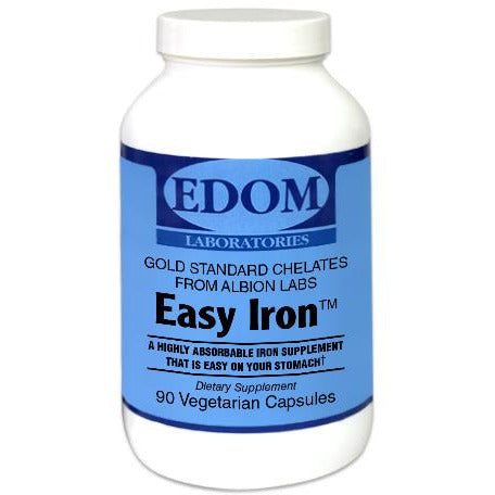 Easy Iron 25 mg vegetarian capsules by EDOM LABS shown in a clean, clinical bottle design, featuring gentle Ferrochel® Iron from Albion Laboratories with folic acid and vitamin B12 to support red blood cell formation, energy, and easy‑on‑the‑stomach absorption.†