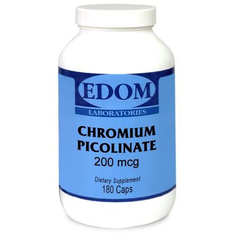 Chromium Picolinate 200 mcg  capsules by EDOM LABS shown in a clean, clinical bottle design, supporting healthy glucose metabolism, energy production, and nutrient utilization with a highly bioavailable chromium form.†