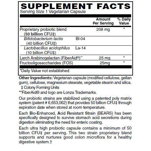  Colon Health 50 Billion Probiotic Each ultra high probiotic capsule contains a minimum of 50 billion CFU‡ per serving. This two strain proprietary blend supports and nurtures good colon microflora for a healthy digestive system.†