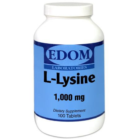  EDOM LABS L‑Lysine 1000 mg tablets shown in a clean, clinical white bottle design, formulated to support immune health, collagen formation, tissue integrity, and daily wellness with a high‑potency essential amino acid.