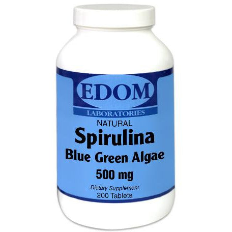 EDOM LABS Spirulina 500 mg Tablets bottle with clean clinical label, featuring nutrient‑dense spirulina to support energy, immune function, and daily wellness.