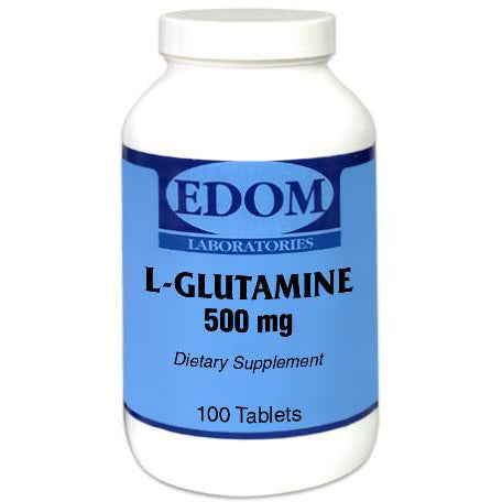 EDOM LABS L‑Glutamine 500 mg tablets shown in a clean, clinical white bottle design, formulated to support gut lining integrity, digestive health, muscle recovery, immune function, and daily wellness with a high‑potency amino acid.