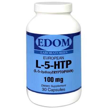 EDOM LABS L‑5‑HTP 100 mg capsules shown in a clean, clinical white bottle design, formulated to support serotonin production, mood balance, relaxation, and healthy sleep with a naturally sourced amino acid.
