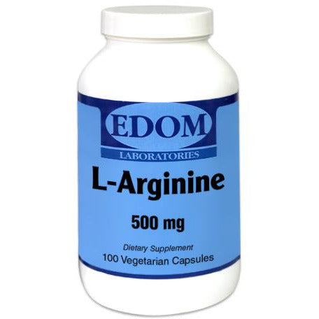 L‑Arginine 500 mg vegetarian capsules by EDOM LABS shown in a clean, clinical bottle design, supporting healthy circulation, nitric oxide production, cardiovascular function, and athletic performance.