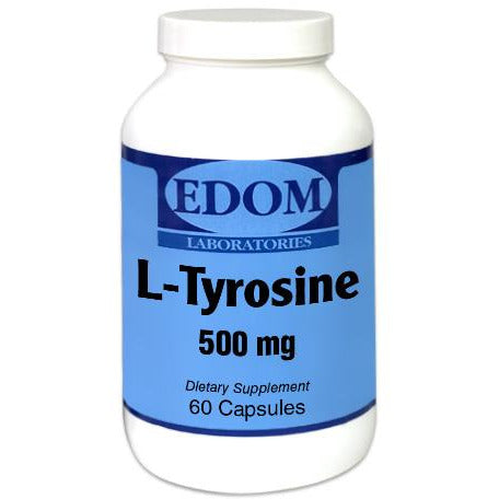 EDOM LABS L‑Tyrosine 500 mg capsules shown in a clean, clinical white bottle design, formulated to support cognitive performance, stress response, mental focus, and healthy neurotransmitter production with a naturally occurring amino acid.