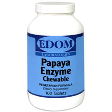 A bottle of EDOM LABORATORIES Papaya Enzyme Chewable tablets, vegetarian formula, containing 100 chewable tablets. Features a papain‑rich enzyme blend derived from Papaya (Carica papaya melon) to support protein digestion, combined with additional starch‑digesting enzymes for daily digestive comfort.