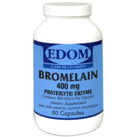 EDOM LABS Bromelain Proteolytic Enzyme 400 mg dietary supplement shown in a clean, clinical white bottle design, providing 2400 GDU per gram and 960 GDU of proteolytic activity per capsule, derived from the lower stems of the pineapple plant to support healthy digestion, efficient protein breakdown, joint comfort, and a balanced inflammatory response.