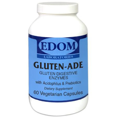 Gluten‑ADE digestive enzyme capsules by EDOM LABS shown in a clean, clinical bottle design, featuring DPP‑IV activity, amylases, proteases, probiotics, and prebiotics to support gluten and casein digestion, intestinal health, and nutrient absorption.
