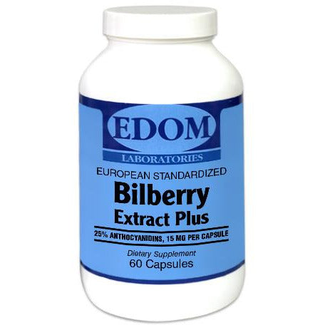 Bilberry Extract Plus 60 mg by EDOM LABS shown in a clean, clinical bottle design, featuring European standardized bilberry extract to support visual clarity, macular health, and antioxidant protection.†
