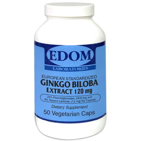 A clinical EDOM LABS bottle of Ginkgo Biloba Extract 120 mg Vegetarian Capsules displayed on a clean background, featuring the signature minimal label design with the EDOM LABS logo, standardized herbal extract callouts, and cognitive support benefits. The bottle has a clean, matte finish consistent with the catalog style, representing a premium botanical formula designed for memory, mental clarity, and daily brain health.