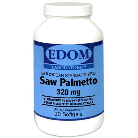 Saw Palmetto 320 mg Softgels by EDOM LABS shown in a clean, clinical bottle design, featuring EuroMed‑standardized saw palmetto—recognized globally for purity, potency, and European Pharmacopeia‑grade consistency—to support prostate health and urinary flow.†