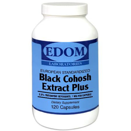 Black Cohosh Extract Plus 40 mg by EDOM LABS shown in a clean, clinical bottle design, featuring European standardized black cohosh extract to support menopausal comfort, hormonal balance, and daily wellness.†