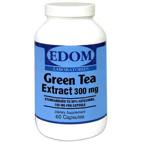 Green Tea Extract 300 mg vegetarian capsules by EDOM LABS shown in a clean, clinical bottle design, containing European green tea extract standardized to 50% catechins and 17% EGCG, delivering the benefits of a cup of green tea in two convenient capsules.†