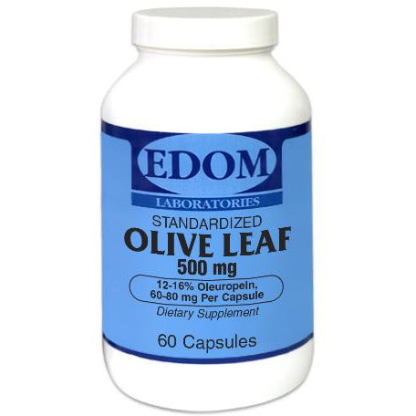 Olive Leaf 500 mg vegetarian capsules by EDOM LABS shown in a clean, clinical bottle design, providing concentrated olive leaf extract rich in oleuropein to support immune health, antioxidant activity, and cardiovascular wellness.†
