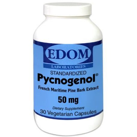 Pycnogenol® 50 mg vegetarian capsules by EDOM LABS shown in a clean, clinical bottle design, providing patented French Maritime Pine Bark extract to support antioxidant activity, circulation, skin health, and healthy aging.†