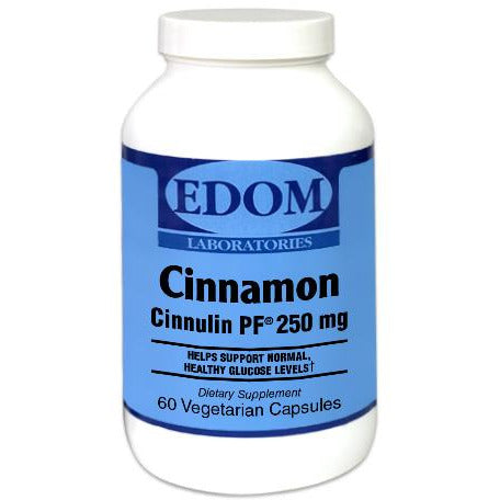 Cinnamon Extract 250 mg vegetarian capsules by EDOM LABS shown in a clean, clinical bottle design, featuring highly concentrated CinSulin® cinnamon bark extract standardized for the highest levels of active Type‑A polymers to support metabolic and antioxidant health.†