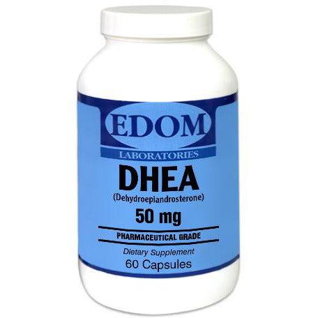 EDOM LABS DHEA 50 mg bottle with clean clinical label, supporting hormonal balance, healthy aging, adrenal function, and daily vitality.