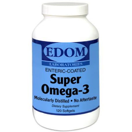 EDOM LABS Super Omega‑3 enteric‑coated softgels shown in a clean, clinical white bottle design, providing 500 mg of combined EPA and DHA to support heart health, brain function, joint comfort, and immune balance with improved digestion through enteric coating.