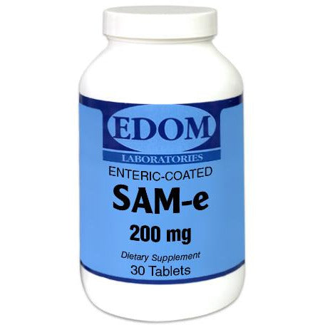 SAM‑e 200 mg enteric‑coated tablets by EDOM LABS shown in a clean, clinical bottle design, featuring pharmaceutical‑grade SAM‑e sourced from Italy—the purest, most efficacious, and safest form available for mood, joint, and liver support.†