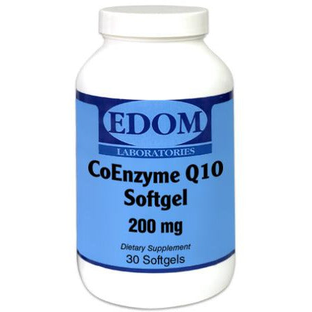 EDOM LABS CoEnzyme Q10 200 mg dietary supplement shown in a clean, clinical white bottle design, formulated to support heart health, cellular energy production, mitochondrial function, and antioxidant protection with a high‑potency 200 mg dose.