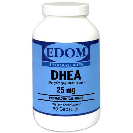 EDOM LABS DHEA 25 mg dietary supplement shown in a clean, clinical white bottle design, formulated to support hormonal balance, healthy aging, adrenal function, and daily vitality with a precise 25 mg dose.
