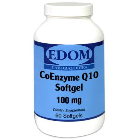 DOM LABS CoEnzyme Q‑10 100 mg softgels shown in a clean, clinical white bottle design, formulated with all‑trans CoQ10—the most active form—produced through natural fermentation with no cis isomers to support heart health, cellular energy production, and antioxidant protection.