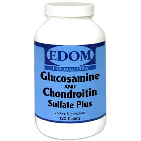EDOM LABS Glucosamine & Chondroitin Sulfate Plus Tablets shown in a clean, clinical white bottle design, formulated to support joint comfort, mobility, flexibility, and cartilage health with a synergistic blend of glucosamine and chondroitin sulfate.