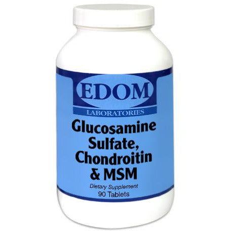 EDOM LABS Glucosamine Sulfate, Chondroitin & MSM Tablets shown in a clean, clinical white bottle design, providing clinically effective doses of glucosamine and chondroitin sulfate and featuring triple‑distilled OptiMSM® to support joint comfort, mobility, flexibility, and cartilage health.
