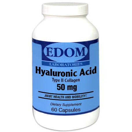 A bottle of EDOM LABORATORIES Hyaluronic Acid 50 mg. Type II Collagen Joint Health and Mobility dietary supplement with 60 capsules.