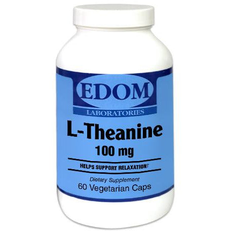 EDOM LABS L‑Theanine vegetarian capsules shown in a clean, clinical white bottle design, providing 100 mg of AlphaWave® L‑Theanine to support calm, relaxation, mental focus, and a balanced stress response with a clinically studied amino acid.