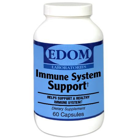 EDOM LABS Immune System Support dietary supplement shown in a clean, clinical white bottle design, formulated with vitamins, minerals, and botanicals to promote daily immune defense, antioxidant protection, and overall wellness.