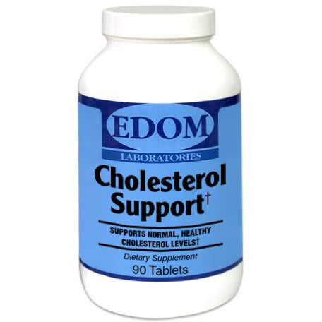 EDOM LABS Cholesterol Support dietary supplement shown in a clean, clinical white bottle design, formulated with five trademarked ingredients—ChromeMate®, Policosanol Plus®, Corowise®, SoyLife®, and Pantesin®—to support healthy cholesterol levels, heart function, and balanced lipid metabolism, with no sugar, artificial colors, or artificial flavors.