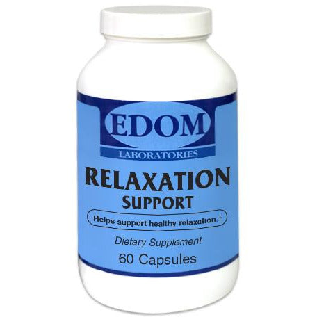 A clinical EDOM LABS bottle of Relaxation Support Capsules displayed on a clean background, featuring the signature minimal label design with AlphaWave® L‑Theanine and Relora® highlighted as key ingredients. The bottle shows the product name, calm and stress support benefits, and a professional supplement panel. The image conveys a premium, non‑habit‑forming formula designed for relaxation, mood balance, and daily stress wellness.