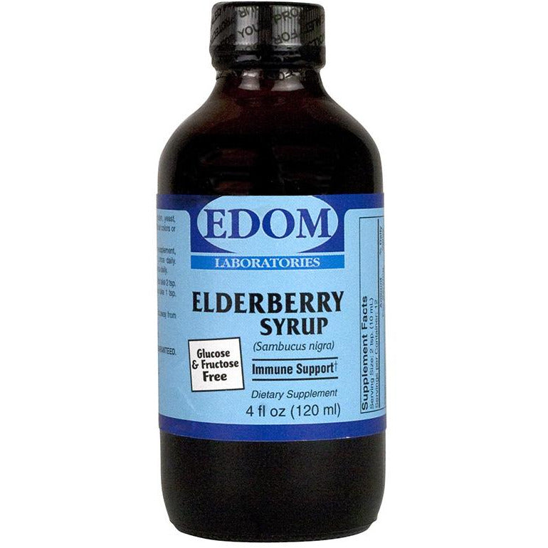 EDOM LABS Elderberry Syrup shown in a clean, clinical bottle design, providing 6,400 mg of 100% certified organic elderberry fruit extract per serving with no sugar, artificial colors, or artificial flavors for powerful immune and antioxidant support.