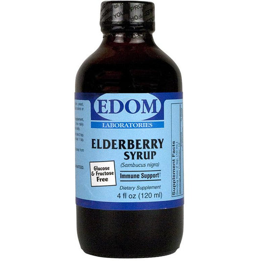 EDOM LABS Elderberry Syrup shown in a clean, clinical bottle design, providing 6,400 mg of 100% certified organic elderberry fruit extract per serving with no sugar, artificial colors, or artificial flavors for powerful immune and antioxidant support.