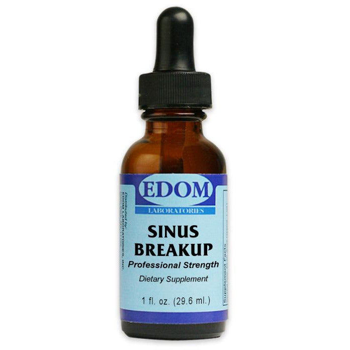 EDOM LABS Sinus Breakup dietary supplement shown in a clean, clinical glass bottle design, formulated to support sinus clarity, nasal comfort, and healthy respiratory function.