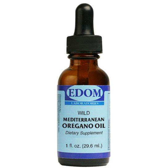 EDOM LABS Wild Mediterranean Oregano Oil Liquid shown in a clean, clinical 1 fl oz bottle, formulated from wild Mediterranean oregano to support immune health, respiratory function, and antioxidant protection in a concentrated liquid herbal extract.