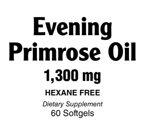 Product label for Evening Primrose Oil 1300 mg with the text 'Hexane Free', indicating that the oil is derived from hexane-free sources. It also states that it contains 1300 mg of the oil and 60 softgels per bottle.