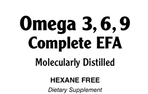 Label of a dietary supplement bottle with text Omega 3, 6, 9 Complete EFA, molecularly distilled, hexane free.