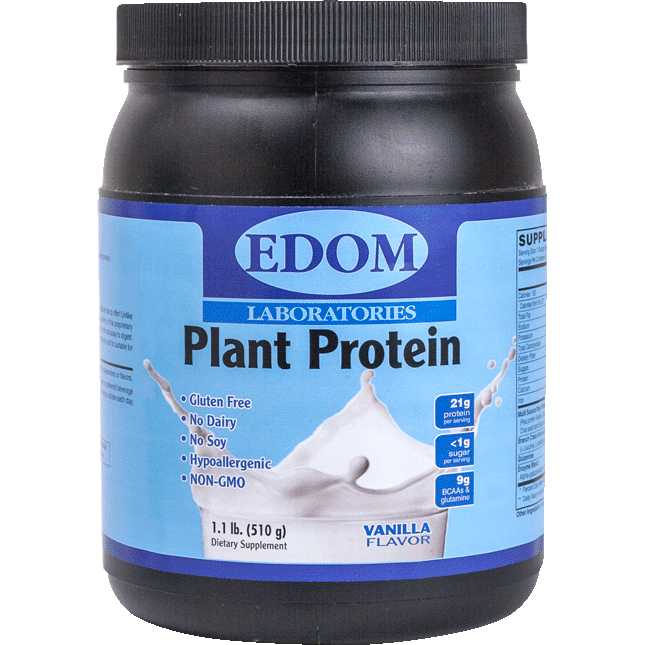 EDOM LABS Plant Protein Vanilla bottle with clean clinical label, featuring clean vegan protein to support muscle recovery, daily nutrition, and smooth vanilla flavor.