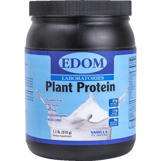 EDOM LABS Plant Protein Vanilla bottle with clean clinical label, featuring clean vegan protein to support muscle recovery, daily nutrition, and smooth vanilla flavor.